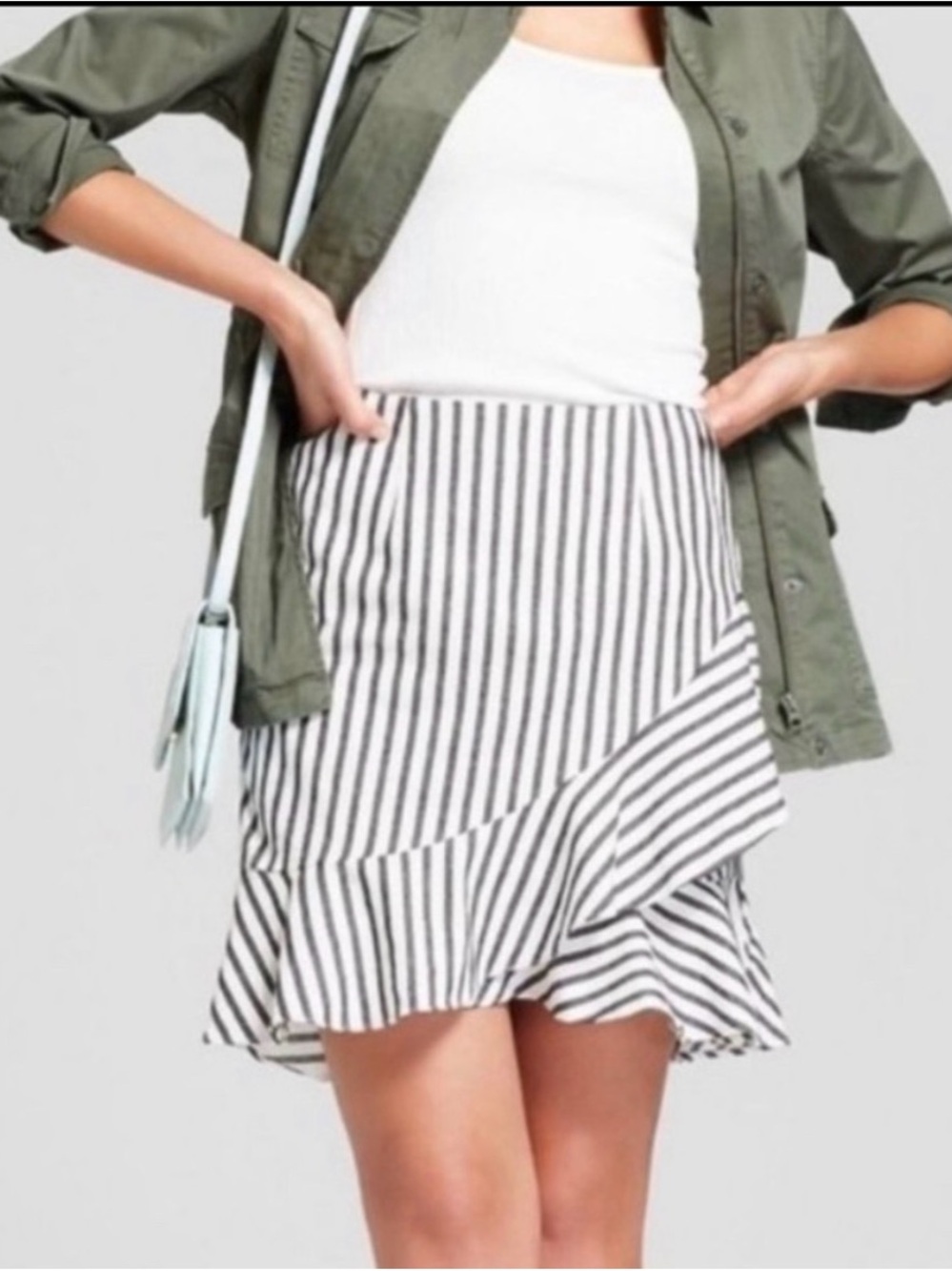Black and White Striped Ruffle Mini Skirt